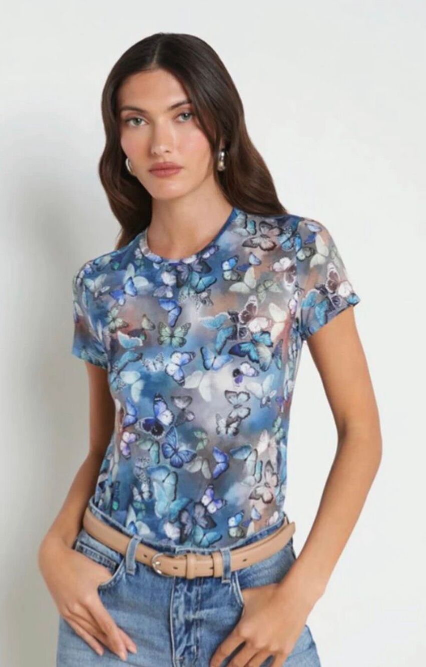 L’Agence Ressi Fitted Tee In Multicolor Blue Butterfly Print Size XS